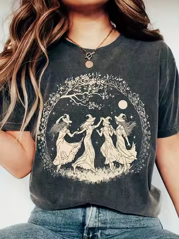 Dancing Witches Moonlit Women's Tee - Witchy Graphic, Casual Boho Top