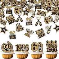 60 Pack Edible 60th Cupcake Toppers Hello 60 Vintage 1966 Birthday Cake Decorations for Happy 60th B