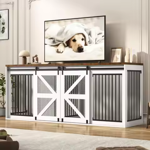 87In armhouse Dog Crate TV Stand, Wooden Dog Kennel urniture with Sliding Metal Mesh Barn Door, Larg