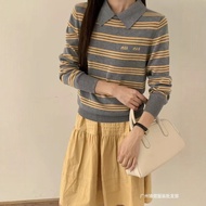 XWE9 MIU MM Retro Stripe Jacquard Long Sleeve Lapel Sweater for Women