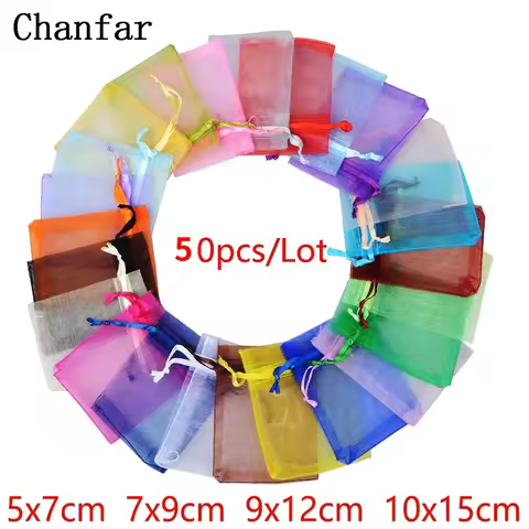 50pcs 24 Colors Jewelry Bag 5*7 7*9 9*12 10*15cm Wedding Gift Organza bag Jewelry Packaging Display 