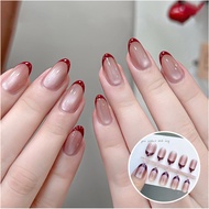 Red French Tip Fake Nails Cat Eye Design Plain Design Short Oval Fake Nails with Glue Press on Nails