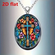 Foreign Cross-Border Trade Fashion Cross And Floral 2D Pattern Oval Glass Alloy Pendant, Stainless S