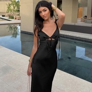 BACKSTREET4FZS Backless Slip Dress, Satin Fabric V-neck Lace Up Dress, Elegant Hollow-out Sleeveless