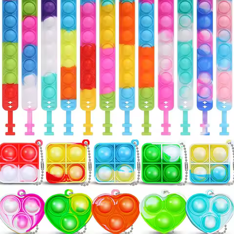 5-30pcs Push Pop Bubble Fidget Toys Wristbands Keychains for Kids Stress Relief Supplies Birthday Pa