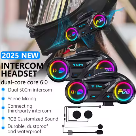 500M Intercom Helmet Headset Dual Bluetooth 6.0 Chip Waterproof RGB Lighting Effect Supports Connect