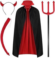 4 Pack Halloween Devil Costume Set Reversible Cloak Devil Horn Headband Tail Devil Red Devil Fork