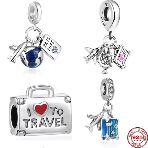 New 925 Sterling Silver Airplane passport global travel Charm bead Fit Original Pendant Bracelets Tr