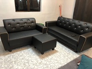 FREE STOOL PVC BLACK SOFA 2 Seater 3 Seater + 1 Stool Classic Black Hitam Sofa