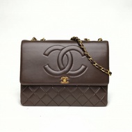 CHANEL 深巧克力色羊皮2開金扣中古浮雕logo拼菱格紋大貝嫂肩背包