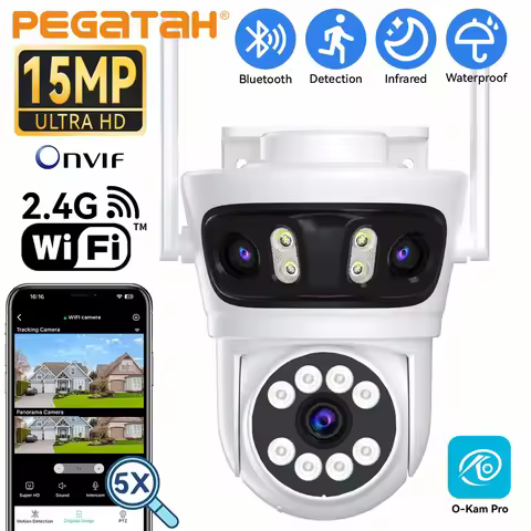 PEGATAH 15MP 3 Lens Dual Screens WiFi Outdoor Security Camera 5X Digital Zoom PTZ Auto Tracking CCTV