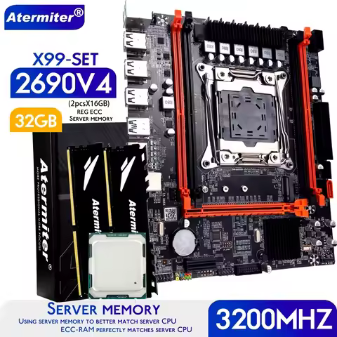 Atermiter X99 SET D4 Motherboard with Xeon E5 2690 V4 LGA2011-3 CPU 2690V4 32GB (2X16G) 3200MHz DDR4