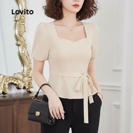 trendy3-Lovito Elegant Blouse Lace Up Ruffle Hem Zipper Spring/Summer Light Khaki Blouse for Women L