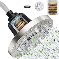 SR SUN RISE 7-Inch High-Pressure Filtered Shower Head - 20-Stage Hard Water Filter Cartridge Built In for Water Softening, Improve the Condition of Dry Hair and Skin, Brushed