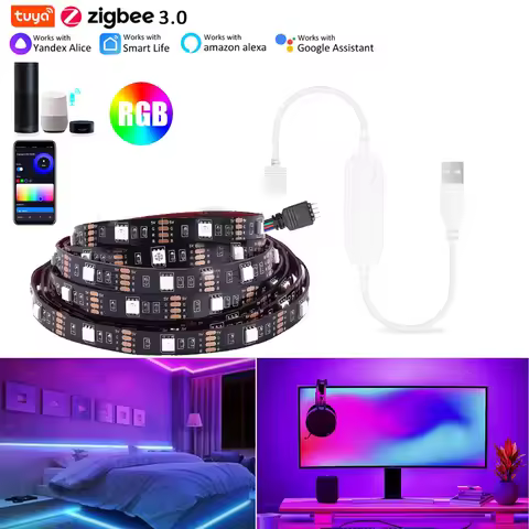 Zigbee USB 5V RGB LED Strip Light Tuya Smart Life APP Control 5050 Lamp Work With Alexa Google Home 