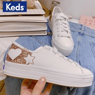 Keds Co-Branded Kate spade Thick-Soled Genuine Leather Surface White Shoes Women's Shoes Platform Sole Sequin Stitching Star Sneakers well