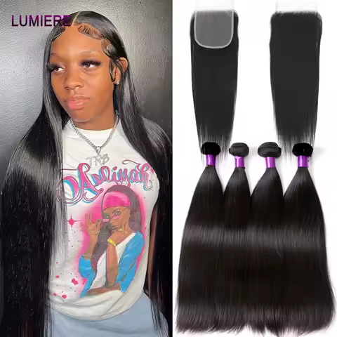 Bone Straight Human Hair Bundles With Closure 6x6/5x5 HD Transparent 100% Raw Virgin Human Hair Weav
