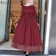 ZANZEA Women Lace Patchwork Mesh Layers Big Swing Muslim Maxi Dress