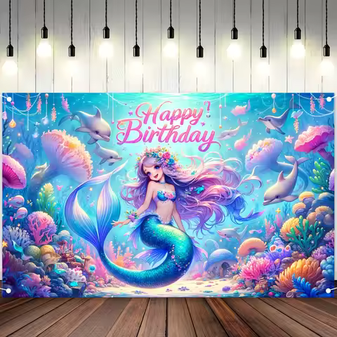 Mermaid happy birthday background photo props, happy birthday polyester banner decoration, birthday 