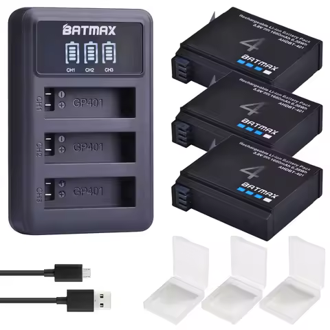 Batmax for Gopro Hero 4 Battery 1680mAh Bateria AHDBT-401 with LED USB 3-Slots Charger for GoPro Her