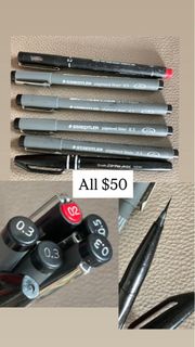 代針筆 + 極幼毛筆 Pentel 施德樓Staedtler UNI fineliner 黑色&紅色針管筆 共5枝 （0.2, 0.3, 0.5)