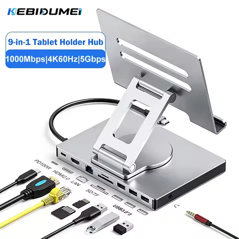 KEBIDUMEI 9-in-1 Tablet Holder Hub USB Docking Station Type C to HDMI2.0 4K60Hz 3*USB3.0 5Gbps RJ45