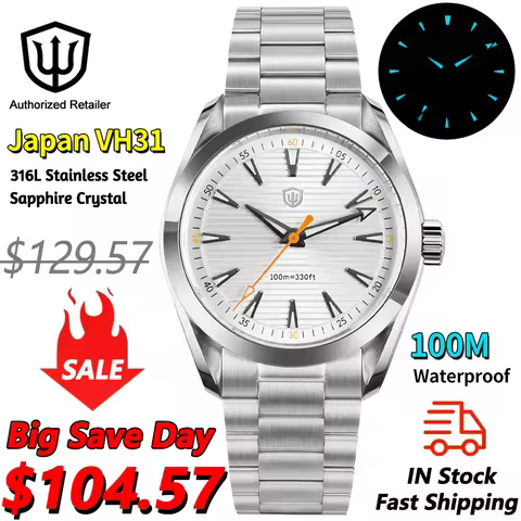 Watchdives WD0006 Vintage Watch VH31 Sweep Second Movement Domed Sapphire Crystal Luminous 10Bar Wat