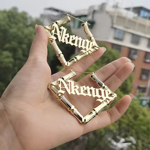 DODOAI Square bamboo Hoop with Name Bamboo earrings Customize Name Earrings Square Bamboo Hoop with 