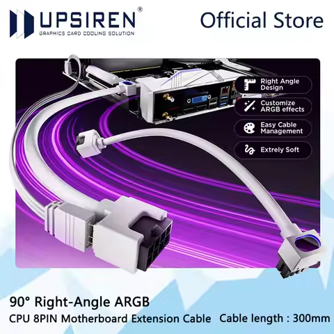 UPSIREN CPU 8PIN Motherboard Extension Cable, ARGB PC Cable with 5V 3Pin,18AWG 90° Right-Angle Desig