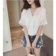 Ready Stock Real Shot Lace Top Genuine Korean Top Summer Lace Chiffon Short-Sleeved Bottoming Shirt Women Korean Version Trendy Women's Plus Size Sexy Top Clothes Loose Short t-Shirt Girls