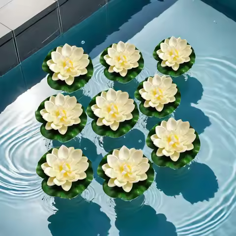 9pcs Artificial Lotus Flowers with Lily Pads, Floating Foam Plastic Lotus Plant Set - Ponds, Gardens