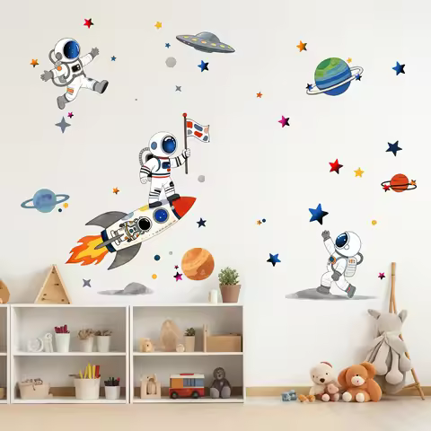 Watercolor Space Planet Wall Stickers, Boy's Room Wall Renovation, Self Adhesive Waterproof and Ugly