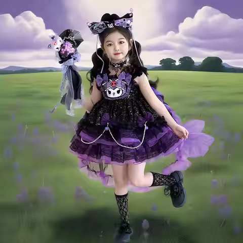 Anime Kuromi Lolita Dress Girls Princess Dress Kids Party Dress Ball Gown Children Layered Dress Hol