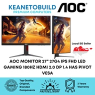AOC MONITOR 27" INCH Q27G4 IPS QHD 2K LED GAMING 180HZ HDMI 2.0 x 1 DP 1.4 x 1 HAS VESA