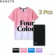 [4 Colors] M-5XL Plus Size Outdoor Sports Set Ice Silk Dri-fit All-match T-shirts & Shorts for Men W