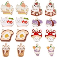 SUNNYCLUE 1 Box 32Pcs 8 Styles Enamel Cat Charm Bulk Food Charms Cute Kitty Strawberry Cake Bread Milk Tea Cup Small Animal Charm for Jewelry Making Supplies DIY Necklace Bracelet Earrings Keychains