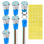 DaierTek 12V Suis Tekan Berpegang Tahan Air Marin Bulat Biru LED 19mm 12 Volt DC Cincin Logam Bercah
