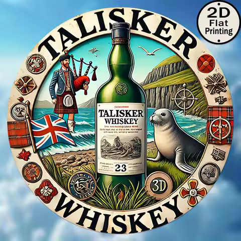 2D flat 1pc circular wooden sign - Talisker Scotch whisky advertisement, traditional country style, 