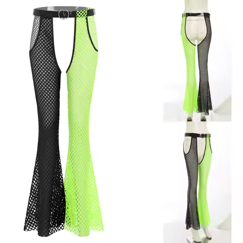 Women Fashion Fishnet Mesh Chaps Pants with Waist Belt Hollow Out Crotch Wide Leg Pants Trousers Bri