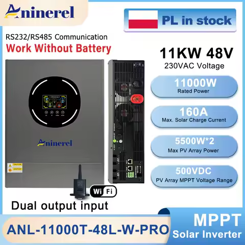 Aninerel 11KW 48V Hybrid Solar Inverter Dual Output Color LCD Display Dual MPPT 160A 120 PV 500VDC W