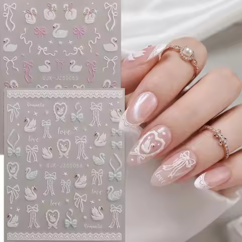 2pcs 5D Embossed Balletcore Nail Stickers, White Swan & Pink Bowknot Self-Adhesive Decals, Romantic 