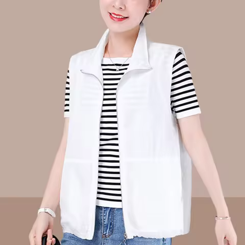 Spring Summer Thin White Vest Women Plus Size Casual Basic Sleeveless Jacket Cardigan Basic Turndown
