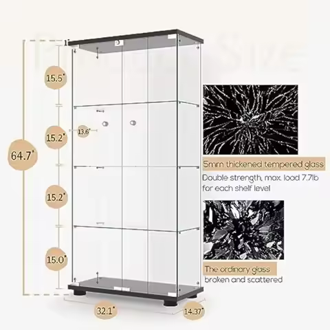 Display Cabinet, 4-Shelf Fast Installation in 30 Mins Curio Cabinets with 5mm Tempered Glass Floor S