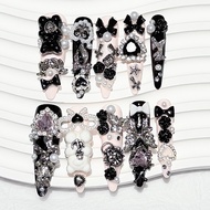 Jirai Kei Y2K Gyaru Black Pink Handmade Press On Nails Teddy Bow 3D Cross Diamonds Fake Nails Long T
