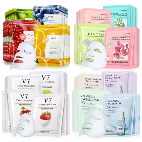 20Pcs Face Mask Sets Fresh Fruit Face Care Sheet Masks Hydrating Anti-aging Oil Control Acne Treatme