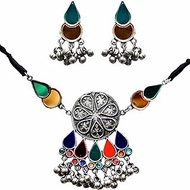 Indian Antique Afghani Silver Oxidized Polish Ghungroo Bells Boho Gypsy Tribal Statement Choker Thread Necklace Earrings Jewelry for Women Girls, 19 cm, Metal, No Gemstone