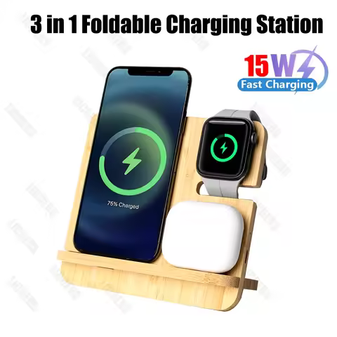 15W Fast Wireless Charger Stand for iPhone 17 16 15 14 13 12 11 Apple Watch 3 in 1 Wood Charging Sta