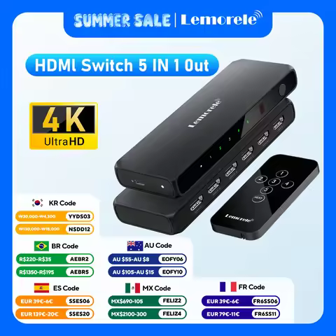 Lemorele G96 HDMI Switch 5 in 1 Out 4K@30Hz HDMI with Remote 5 Port HDMI Switch Splitter HDR HDCP2.3