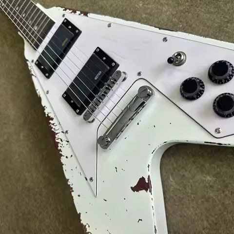 US Warehouse Vintage White V-Shaped Electric Guitar with Dual EMG Pickups White Pickguard Rosewood F