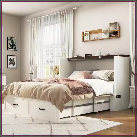 Queen Wood Murphy Chest Bed Hidden Folding Bed with Drawer and Charging Station Bedroom, Office